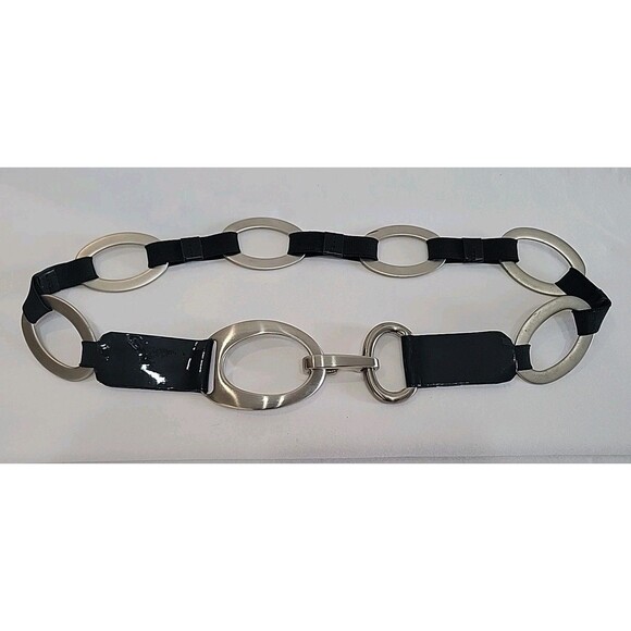 Vintage Sandy Duftler Black Patent Leather & Silver Oval Link Belt Size Sm main image 4